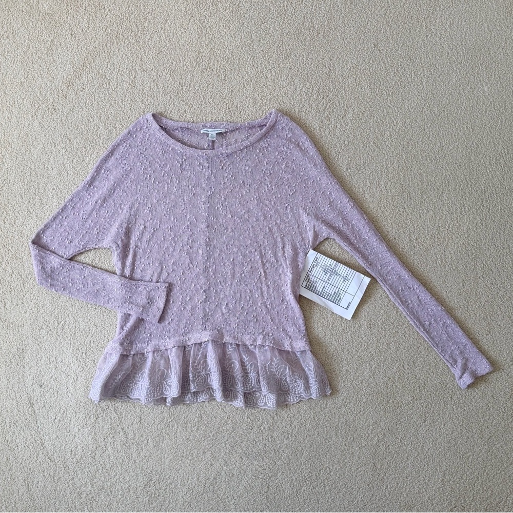 American Eagle Mauve Long Sleeve Sheer Top with Lace Hem